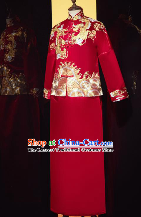 Chinese Ancient Bridegroom Embroidered Phoenix Dragon Red Mandarin Jacket and Gown Traditional Wedding Tang Suit Costumes for Men