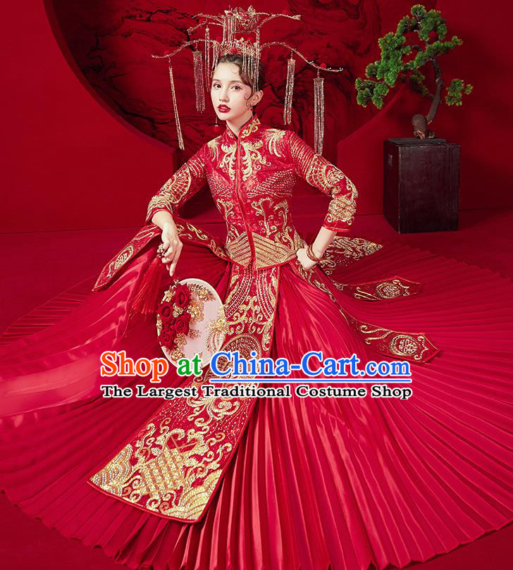 Chinese Traditional Bride Embroidered Red Xiu He Suit Wedding Drilling Blouse and Dress Bottom Drawer Ancient Costumes for Women