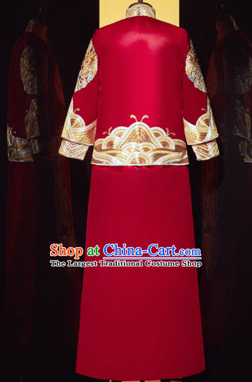 Chinese Ancient Bridegroom Embroidered Double Dragon Red Mandarin Jacket and Gown Traditional Wedding Tang Suit Costumes for Men