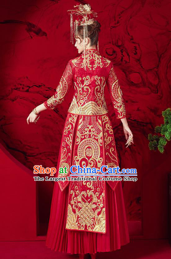 Chinese Traditional Bride Embroidered Red Xiu He Suit Wedding Drilling Blouse and Dress Bottom Drawer Ancient Costumes for Women