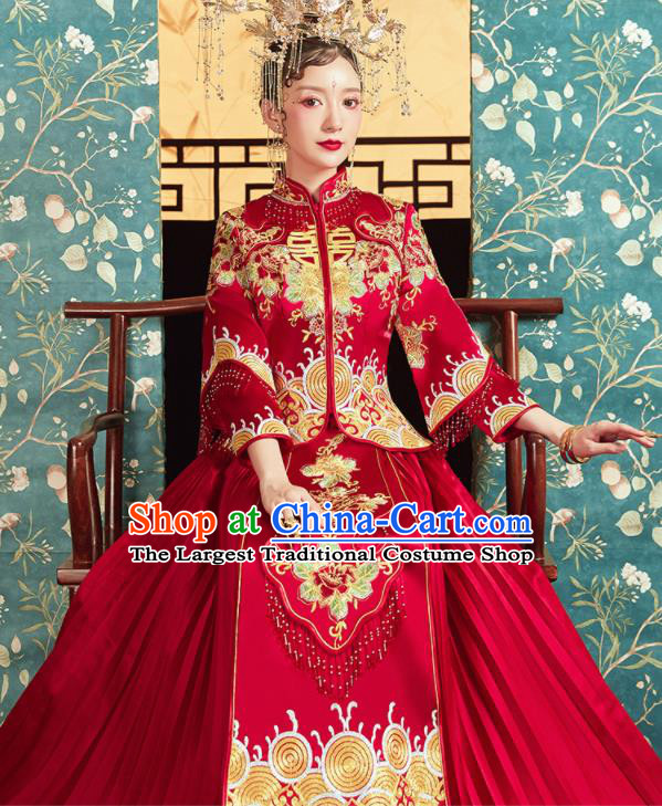 Chinese Traditional Wedding Embroidered Golden Flowers Blouse and Dress Red Bottom Drawer Xiu He Suit Ancient Bride Costumes for Women