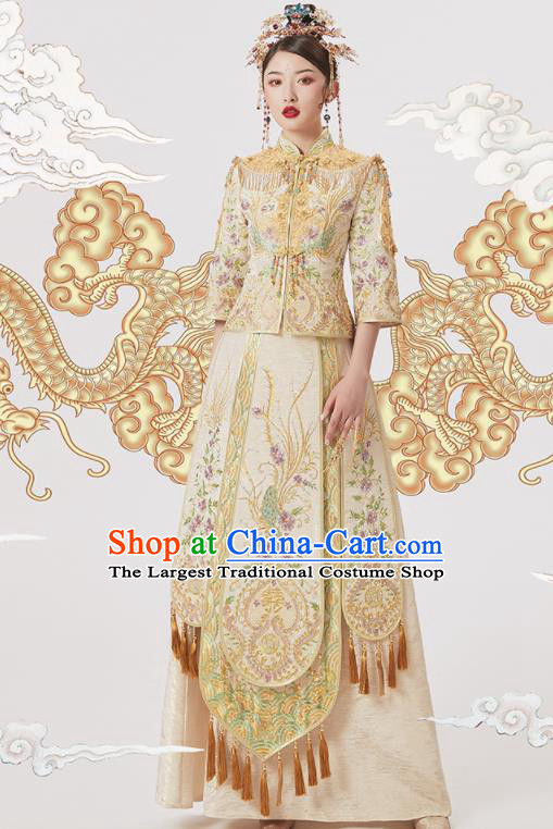 Chinese Traditional Wedding Golden Bottom Drawer Embroidered Phoenix Blouse and Dress Xiu He Suit Ancient Bride Costumes for Women