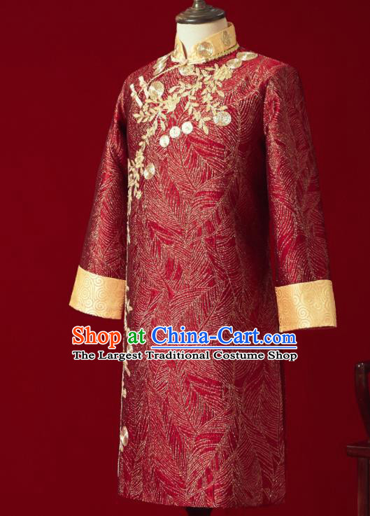 Chinese Ancient Bridegroom Embroidered Flowers Red Mandarin Jacket Traditional Wedding Tang Suit Costumes for Men