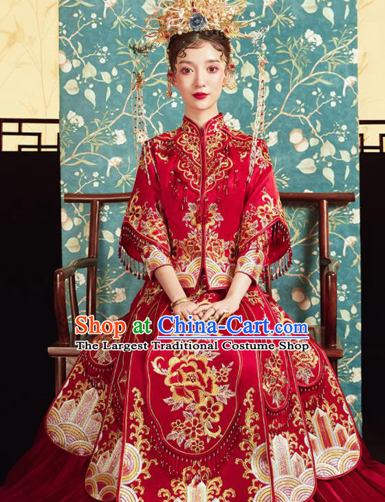 Chinese Traditional Wedding Bottom Drawer Embroidered Peony Red Blouse and Dress Xiu He Suit Ancient Bride Costumes for Women
