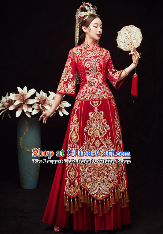 Chinese Traditional Wedding Embroidered Phoenix Peony Red Blouse and Dress Xiu He Suit Bottom Drawer Ancient Bride Costumes for Women