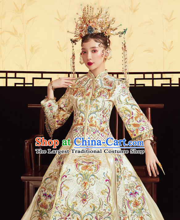 Chinese Traditional Wedding Embroidered Beige Blouse and Dress Xiu He Suit Bottom Drawer Ancient Bride Costumes for Women