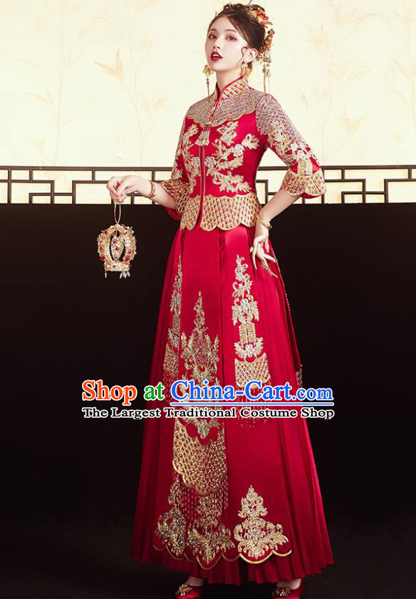 Chinese Traditional Bride Embroidered Red Xiu He Suit Wedding Blouse and Dress Bottom Drawer Ancient Costumes for Women