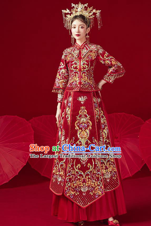 Chinese Traditional Ancient Bride Costumes Embroidered Drilling Wine Red Xiu He Suit Wedding Blouse and Dress Bottom Drawer for Women