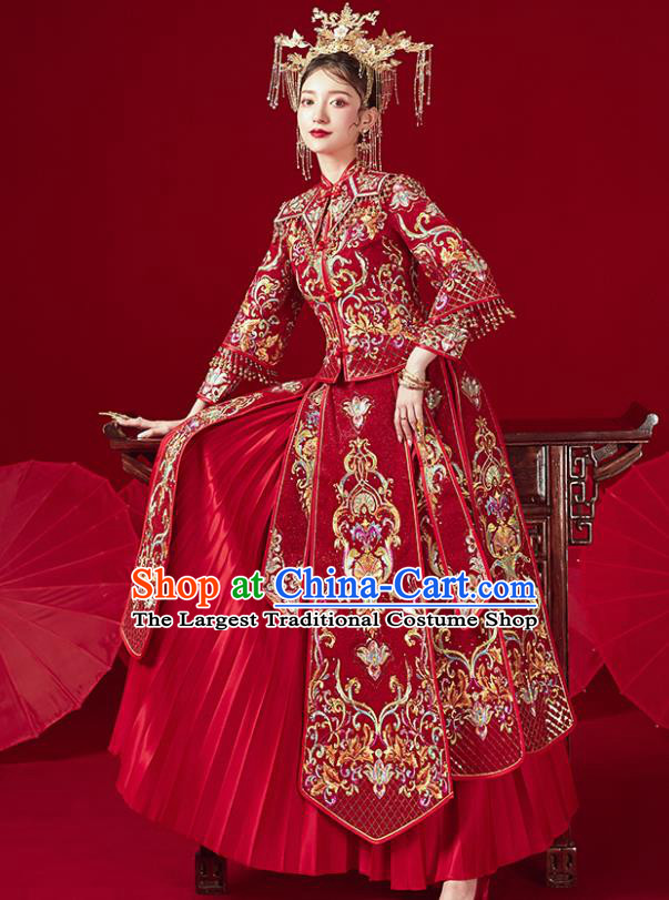 Chinese Traditional Ancient Bride Costumes Embroidered Drilling Wine Red Xiu He Suit Wedding Blouse and Dress Bottom Drawer for Women