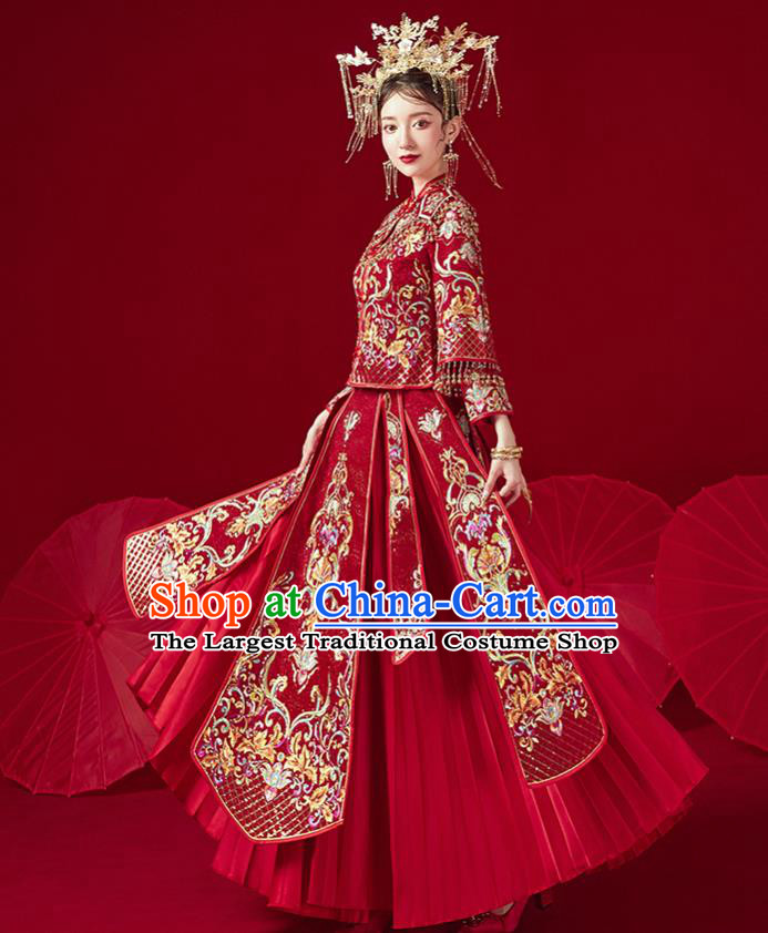 Chinese Traditional Ancient Bride Costumes Embroidered Drilling Wine Red Xiu He Suit Wedding Blouse and Dress Bottom Drawer for Women