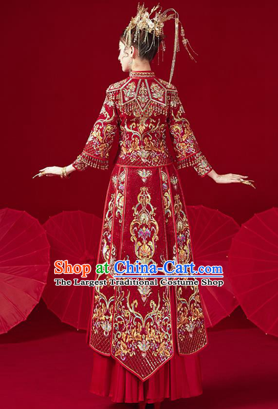 Chinese Traditional Ancient Bride Costumes Embroidered Drilling Wine Red Xiu He Suit Wedding Blouse and Dress Bottom Drawer for Women