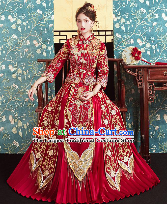 Chinese Traditional Ancient Bride Drilling Embroidered Phoenix Costumes Red Xiu He Suit Wedding Blouse and Dress Bottom Drawer for Women