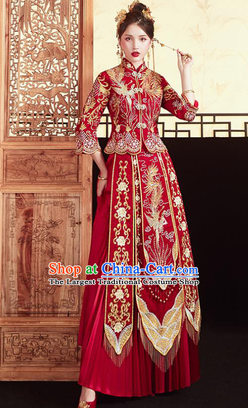 Chinese Traditional Ancient Bride Drilling Embroidered Phoenix Costumes Red Xiu He Suit Wedding Blouse and Dress Bottom Drawer for Women