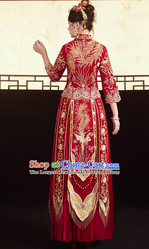 Chinese Traditional Ancient Bride Drilling Embroidered Phoenix Costumes Red Xiu He Suit Wedding Blouse and Dress Bottom Drawer for Women
