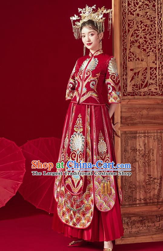 Chinese Traditional Ancient Bride Drilling Peacock Embroidered Costumes Red Xiu He Suit Wedding Blouse and Dress Bottom Drawer for Women