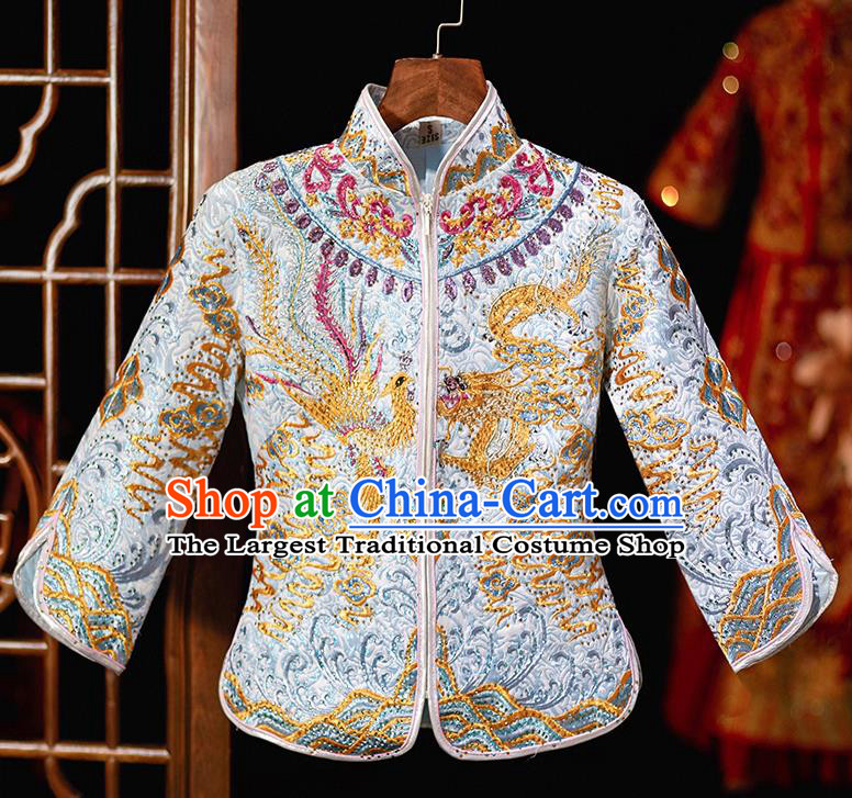 Chinese Ancient Bride Embroidered Blue Costumes Diamante Xiu He Suit Wedding Blouse and Dress Traditional Bottom Drawer for Women