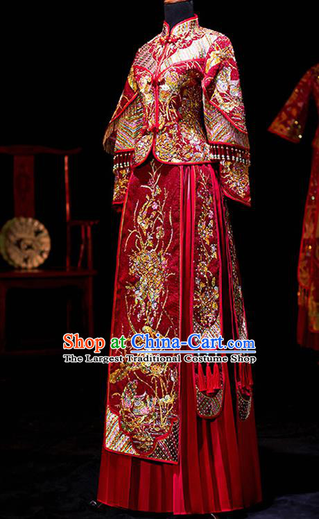 Chinese Ancient Bride Embroidered Costumes Diamante Peony Red Xiu He Suit Wedding Blouse and Dress Traditional Bottom Drawer for Women