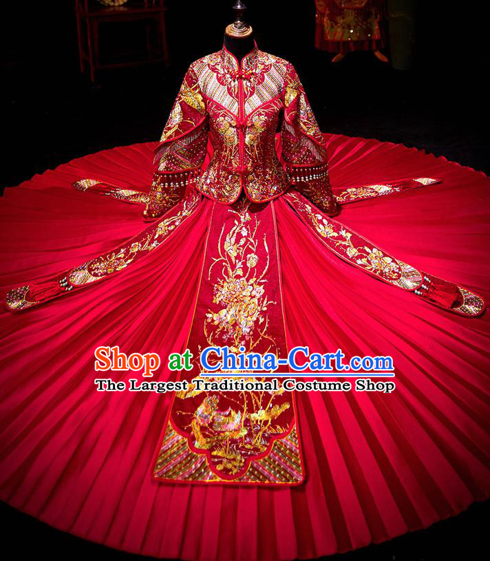 Chinese Ancient Bride Embroidered Costumes Diamante Peony Red Xiu He Suit Wedding Blouse and Dress Traditional Bottom Drawer for Women