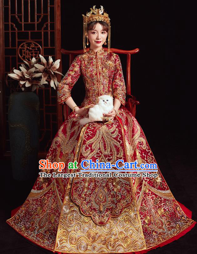 Chinese Ancient Bride Embroidered Phoenix Red Costumes Diamante Xiu He Suit Wedding Blouse and Dress Traditional Bottom Drawer for Women