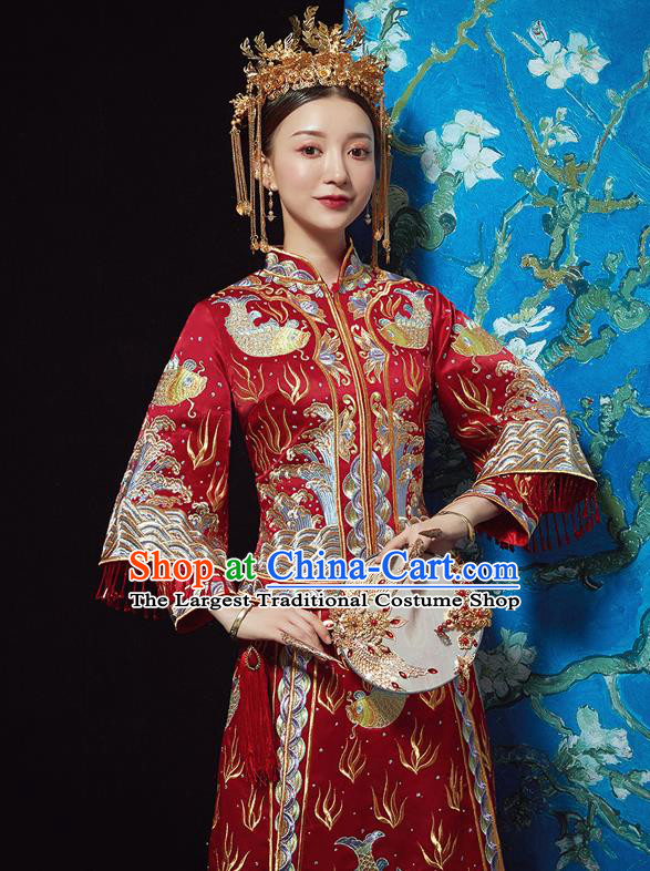 Chinese Ancient Bride Embroidered Carps Red Costumes Xiu He Suit Wedding Blouse and Dress Traditional Bottom Drawer for Women