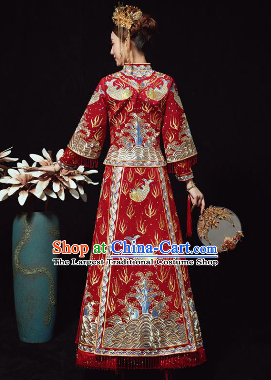 Chinese Ancient Bride Embroidered Carps Red Costumes Xiu He Suit Wedding Blouse and Dress Traditional Bottom Drawer for Women