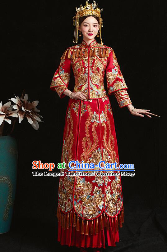 Chinese Ancient Bride Embroidered Phoenix Peony Red Costumes Xiu He Suit Wedding Blouse and Dress Traditional Bottom Drawer for Women