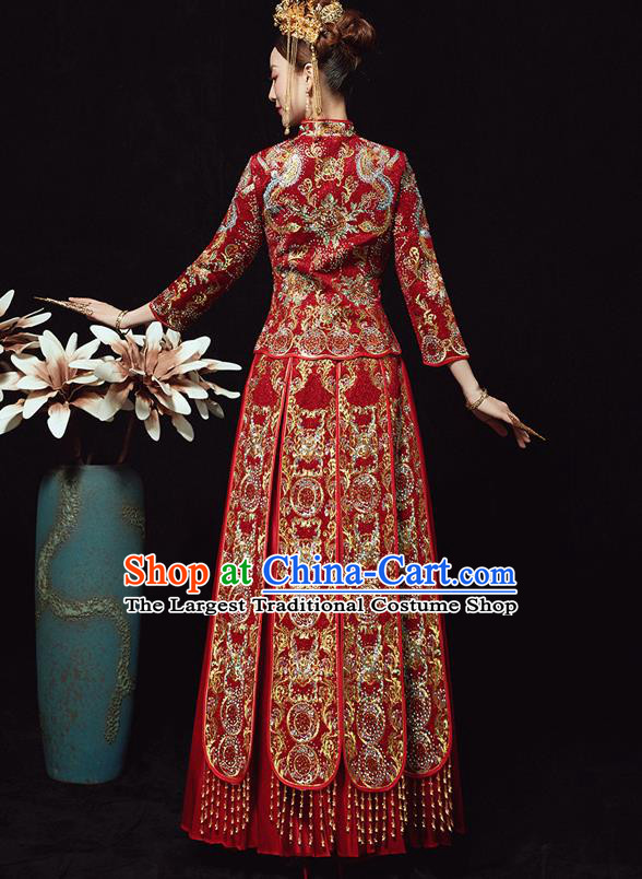 Chinese Ancient Bride Embroidered Diamante Phoenix Red Costumes Xiu He Suit Wedding Blouse and Dress Traditional Bottom Drawer for Women