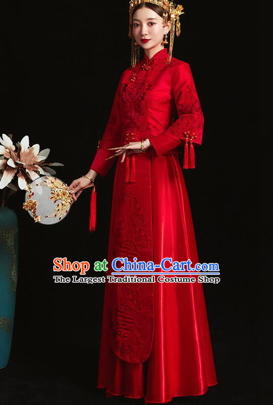 Chinese Ancient Bride Embroidered Red Costumes Xiu He Suit Wedding Blouse and Dress Traditional Bottom Drawer for Women