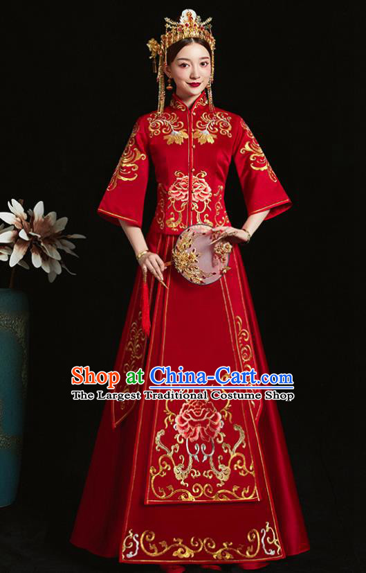 Chinese Ancient Bride Embroidered Peony Red Xiu He Suit Wedding Costumes Blouse and Dress Traditional Bottom Drawer for Women
