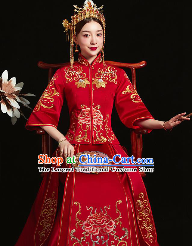 Chinese Ancient Bride Embroidered Peony Red Xiu He Suit Wedding Costumes Blouse and Dress Traditional Bottom Drawer for Women