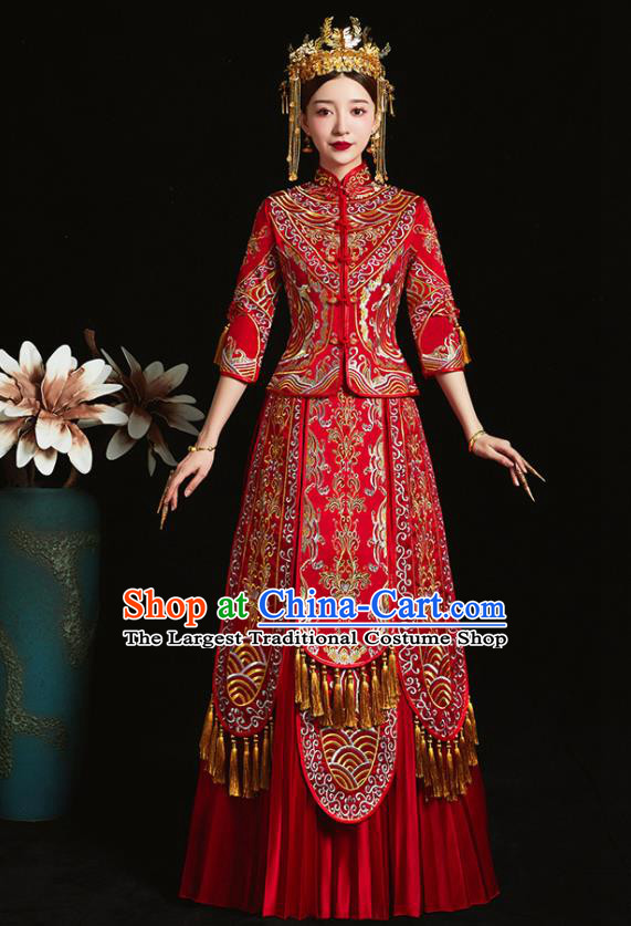 Chinese Ancient Bride Embroidered Red Xiu He Suit Wedding Costumes Blouse and Dress Traditional Bottom Drawer for Women