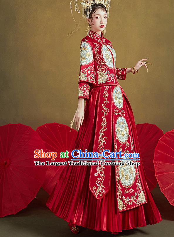 Chinese Traditional Ancient Bride Embroidered Costumes Drilling Mandarin Duck Red Xiu He Suit Wedding Blouse and Dress Bottom Drawer for Women