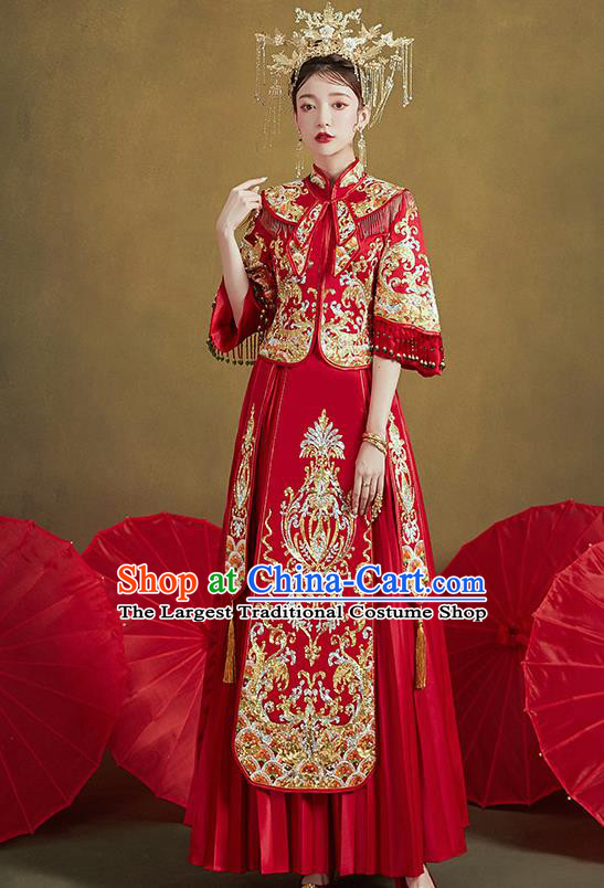 Chinese Ancient Bride Embroidered Drilling Costumes Red Xiu He Suit Wedding Blouse and Dress Traditional Bottom Drawer for Women
