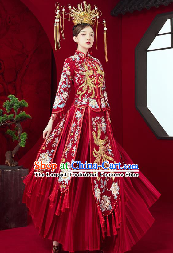 Chinese Ancient Embroidered Phoenix Peony Blouse and Dress Traditional Bride Red Xiu He Suit Wedding Costumes for Women