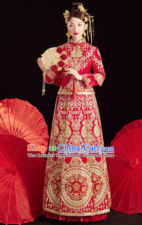 Chinese Ancient Embroidered Drilling Blouse and Dress Traditional Bride Red Xiu He Suit Wedding Costumes for Women