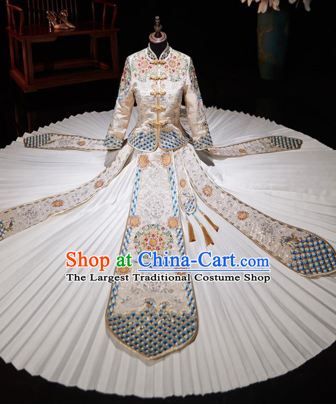 Chinese Ancient Embroidered Drilling White Blouse and Dress Traditional Bride Xiu He Suit Wedding Costumes for Women