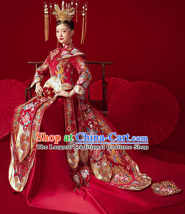 Chinese Ancient Embroidered Peony Flowers Drilling Blouse and Dress Traditional Bride Xiu He Suit Wedding Costumes for Women