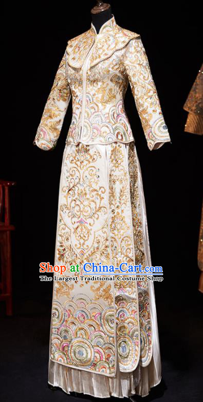 Chinese Ancient Embroidered Drilling Light Golden Blouse and Dress Traditional Bride Xiu He Suit Wedding Costumes for Women