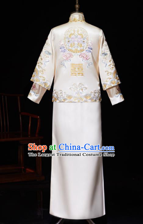Chinese Ancient Bridegroom Embroidered Peony White Mandarin Jacket and Gown Traditional Wedding Tang Suit Costumes for Men