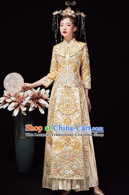 Chinese Ancient Embroidered Beige Blouse and Dress Traditional Bride Xiu He Suit Wedding Costumes for Women