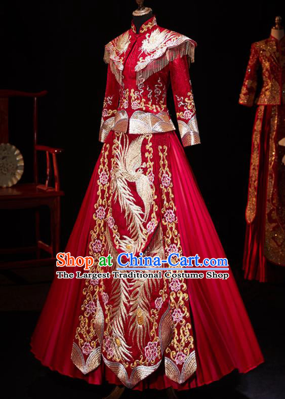 Chinese Ancient Wedding Embroidered Phoenix Peony Red Blouse and Dress Traditional Bride Xiu He Suit Costumes for Women