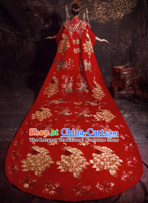 Chinese Ancient Bride Embroidered Peacock Trailing Cape Wedding Costumes Traditional Red Bottom Drawer for Women