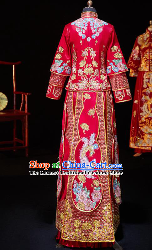 Chinese Ancient Bride Embroidered Diamante Phoenix Xiu He Suit Wedding Costumes Traditional Red Bottom Drawer for Women