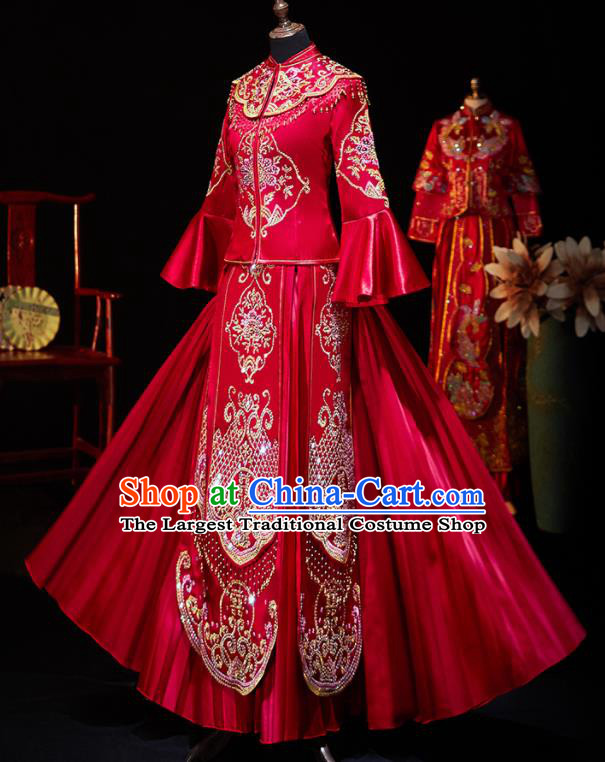 Chinese Ancient Bride Embroidered Diamante Xiu He Suit Wedding Costumes Traditional Red Bottom Drawer for Women