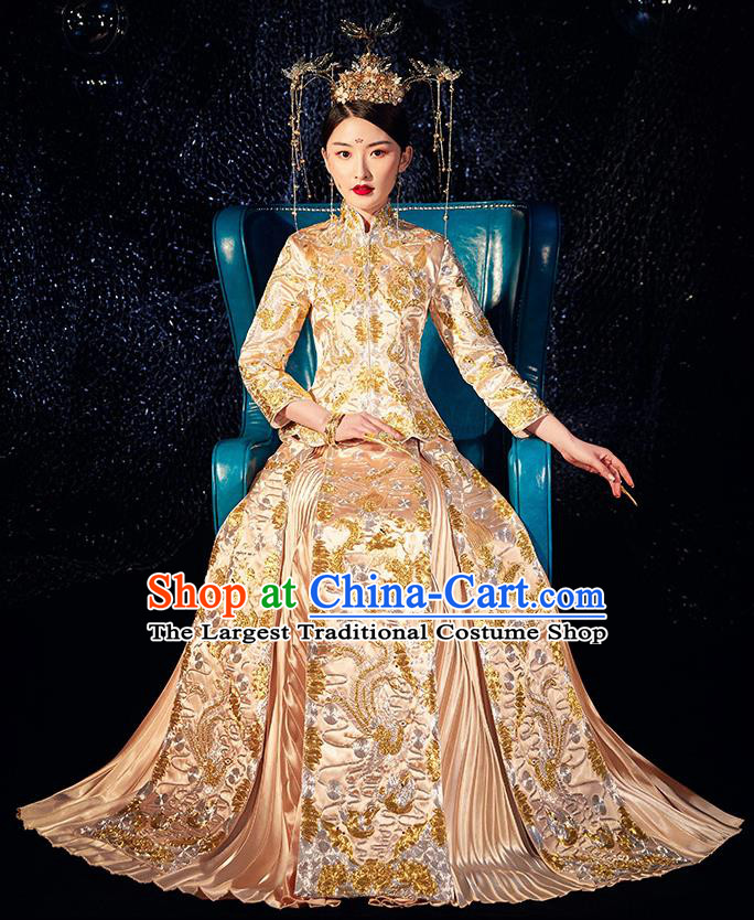 Chinese Ancient Wedding Embroidered Dragon Golden Blouse and Dress Traditional Bride Xiu He Suit Costumes for Women