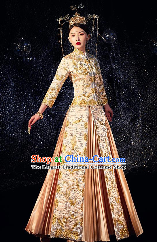 Chinese Ancient Wedding Embroidered Dragon Golden Blouse and Dress Traditional Bride Xiu He Suit Costumes for Women