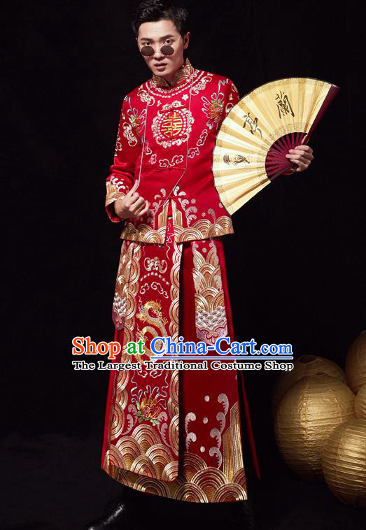 Chinese Ancient Bridegroom Embroidered Dragon Peony Red Mandarin Jacket and Gown Traditional Wedding Tang Suit Costumes for Men
