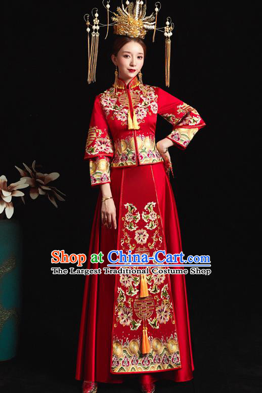 Chinese Ancient Wedding Embroidered Peony Flowers Red Blouse and Dress Traditional Bride Xiu He Suit Costumes for Women