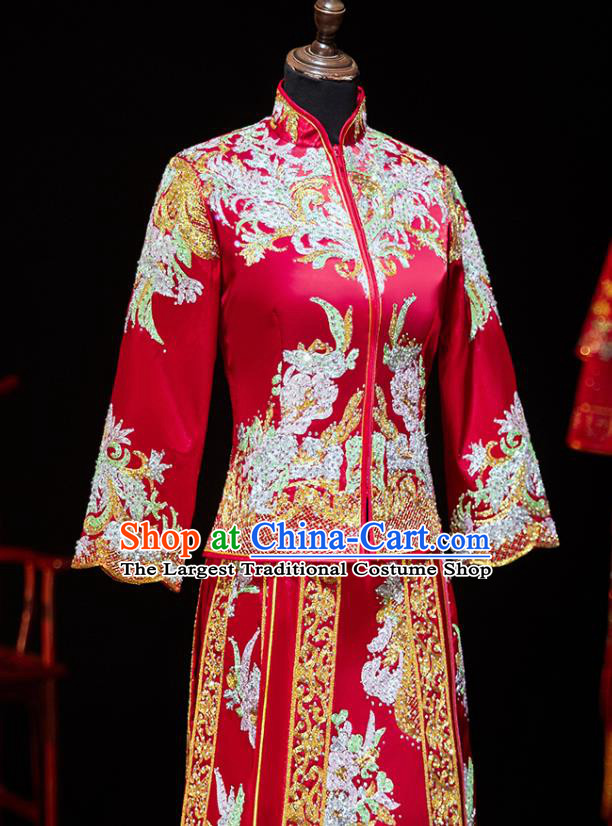 Chinese Ancient Bride Embroidered Diamante Blouse and Dress Xiu He Suit Wedding Costumes Traditional Red Bottom Drawer for Women