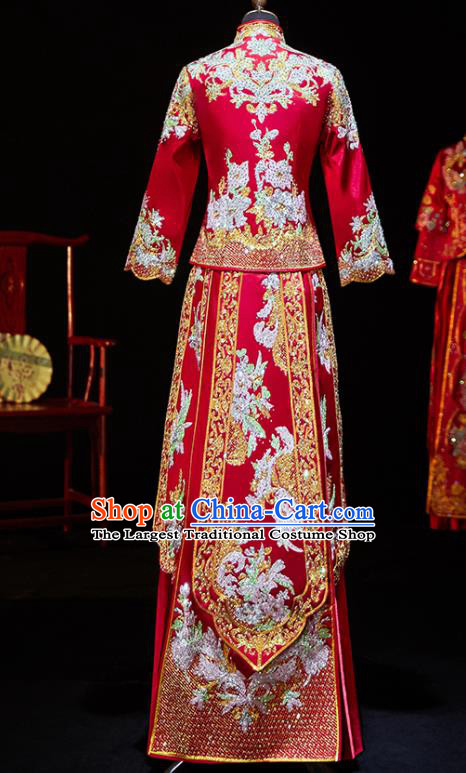 Chinese Ancient Bride Embroidered Diamante Blouse and Dress Xiu He Suit Wedding Costumes Traditional Red Bottom Drawer for Women